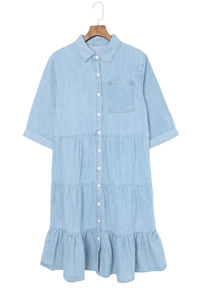 Sky Blue Ruffled Denim Full Buttoned Midi Dress-Dresses-MomFashion