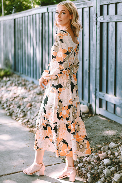 Tie Waist Puff Sleeve Bold Floral Maxi Dress-Dresses-MomFashion