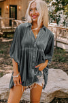 Dark Grey 3/4 Sleeve Tunic Babydoll Velvet Shirt-Tops-MomFashion