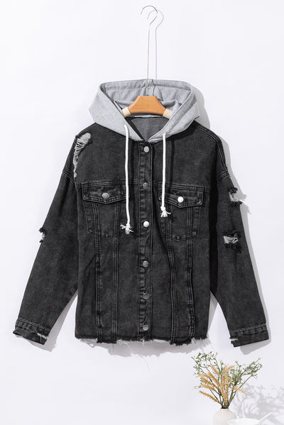 Black Drawstring Hooded Frayed Denim Jacket-Outerwear-MomFashion