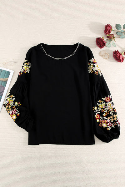 Black Floral Embroidery Long Sleeve Top-Tops-MomFashion