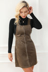 Brown O-ring Zip Up Pocketed Corduroy Dress-Dresses-MomFashion