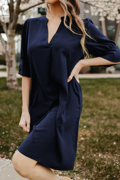 Blue Ruffled Sleeve Shift Dress-Dresses-MomFashion