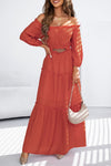 Orange Off Shoulder Balloon Sleeve Cutout Ruffled Maxi Dress-Dresses-MomFashion