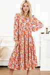 Multicolor Boho Floral Collared Long Sleeve Ruffled Dress-Dresses-MomFashion