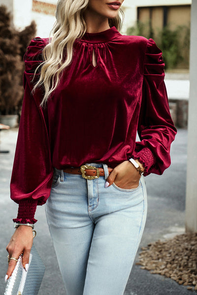 Fiery Red Mock Neck Puff Sleeve Velvet Blouse-Tops-MomFashion