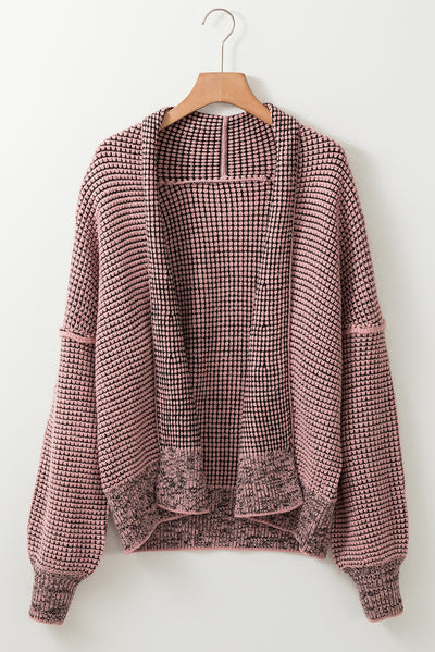 Peach Blossom Plaid Contrast Trim Open Front Cardigan-Tops-MomFashion