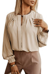 Khaki Crew Neck Gathered Stretch Cuff Shirt-Tops-MomFashion