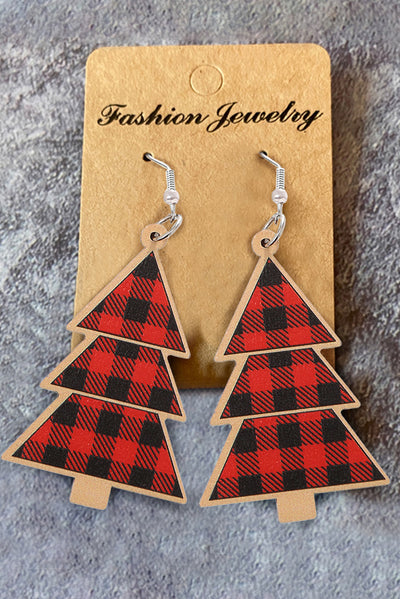 Fiery Red Plaid Christmas Tree Wooden Pendant Earrings-Accessories-MomFashion