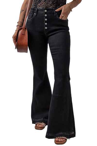 Black High Waist Button Front Flare Jeans-Bottoms-MomFashion