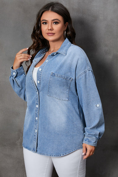 Sky Blue Plus Size Chest Pocket Button-Up Denim Shacket-Plus Size-MomFashion