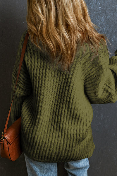 Pickle Green Ribbed Knit Round Neck Slouchy Chunky Sweater-Tops-MomFashion