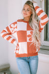 Brown Checkered Floral Print Striped Sleeve Sweater-Tops-MomFashion