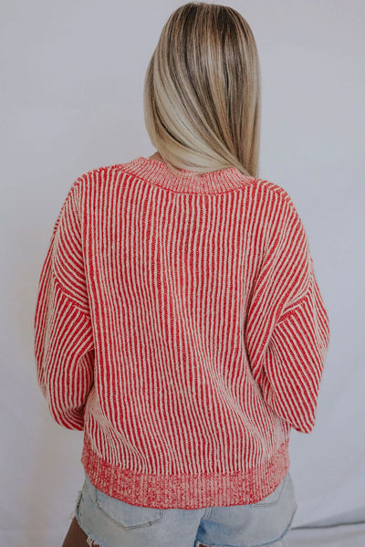 Striped Print Ribbed Trim Round Neck Sweater-Tops-MomFashion