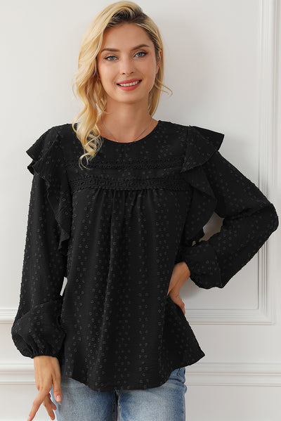 Black Lace Eyelet Ruffle Shoulder Long Sleeve Blouse-Tops-MomFashion