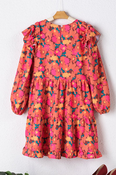 Rose Red Ruffle Shoulder Long Sleeve Floral Mini Dress-Dresses-MomFashion