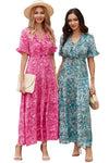 Pink Paisley Print Boho Holiday Ruffle Tiered Maxi Dress-Dresses-MomFashion