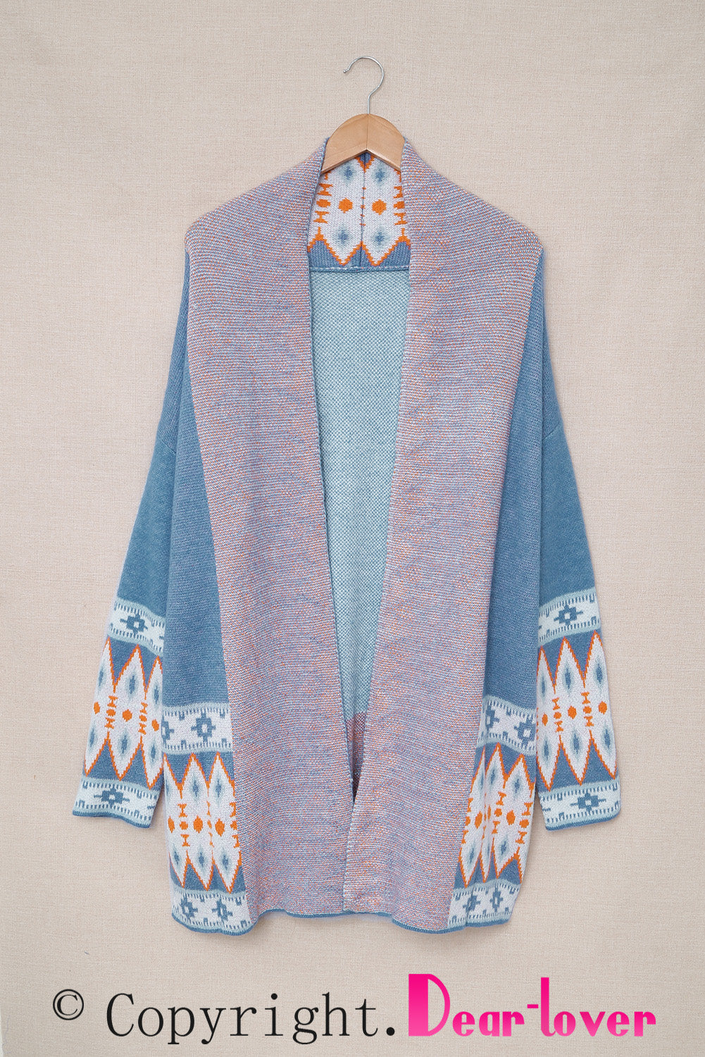 Blue Aztec Print Open Front Knitted Cardigan-Tops-MomFashion