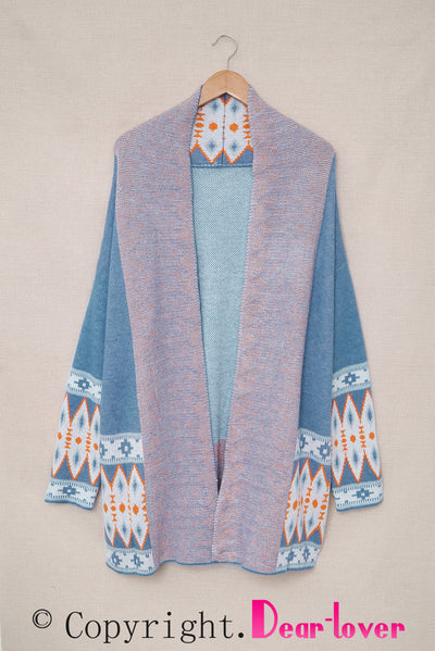 Blue Aztec Print Open Front Knitted Cardigan-Tops-MomFashion