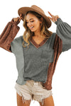 Brown V Neck Color Block Patchwork Loose Pullover-Tops-MomFashion