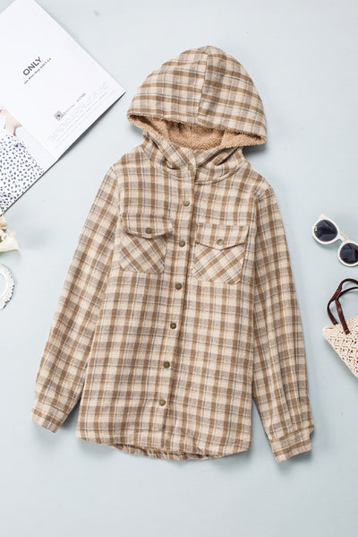 Khaki Plaid Pattern Sherpa Lined Hooded Shacket-Outerwear-MomFashion