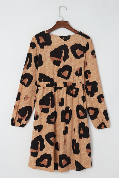 Leopard Print Button Front Bubble Sleeve Loose Knit Dress-Dresses-MomFashion