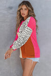 Rose Leopard Patchwork Color Block Ribbed Long Sleeve Top-Tops-MomFashion