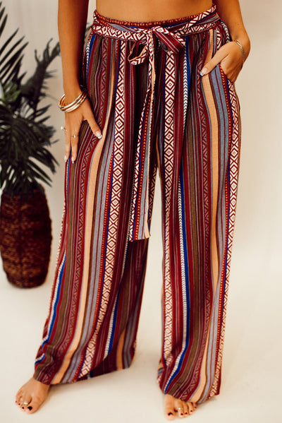 Red Boho Ethnic Striped Print Tie Waist Wide Leg Pants-Bottoms-MomFashion