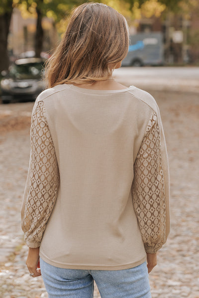 Light French Beige Lace Patch Sleeve Waffle Knit Top-Tops-MomFashion