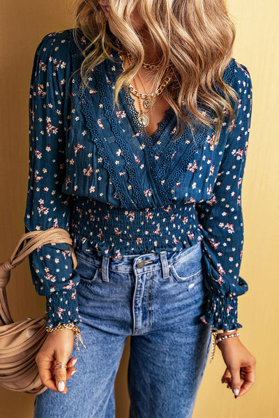 Blue Lace Trim V Neck Floral Smocked Long Sleeve Blouse-Tops-MomFashion