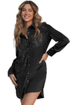 Black Sequin Splicing Pocket Buttoned Shirt Dress-Dresses-MomFashion