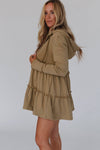 Khaki Tiered Ruffled Zip-Up Drawstring Hooded Jacket-Outerwear-MomFashion