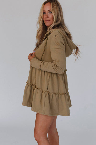 Khaki Tiered Ruffled Zip-Up Drawstring Hooded Jacket-Outerwear-MomFashion