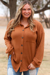 Brown Plus Size Waffle Knit Textured Shacket-Plus Size-MomFashion