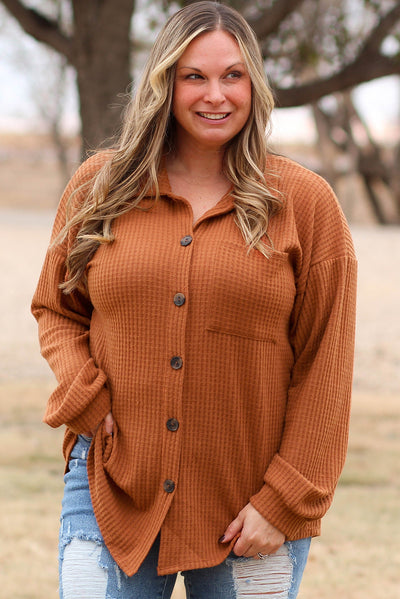 Brown Plus Size Waffle Knit Textured Shacket-Plus Size-MomFashion