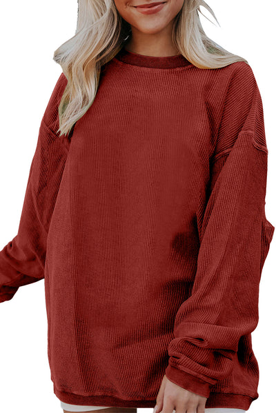 Racing Red Ribbed Corded Oversized Sweatshirt-Tops-MomFashion