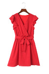 Fiery Red Polka Dot V Neck Ruffle Sleeve Dress-Dresses-MomFashion