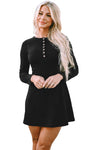 Black Solid Long Sleeve Henley Dress-Dresses-MomFashion