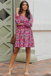 Purple Smocked V Neck Puffy Sleeve Floral Dress-Dresses-MomFashion