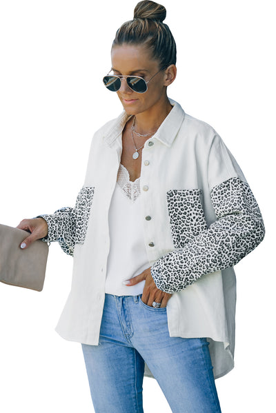 White Contrast Leopard Denim Jacket-Outerwear-MomFashion