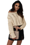 Khaki Eyelets Cable Knit Drop Shoulder Sweater-Tops-MomFashion