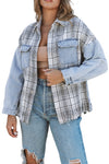 Sky Blue Plaid Patchwork Fringed Flap Pockets Denim Jacket-Outerwear-MomFashion