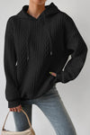 Black Cable Textured Casual Drawstring Hoodie-Tops-MomFashion