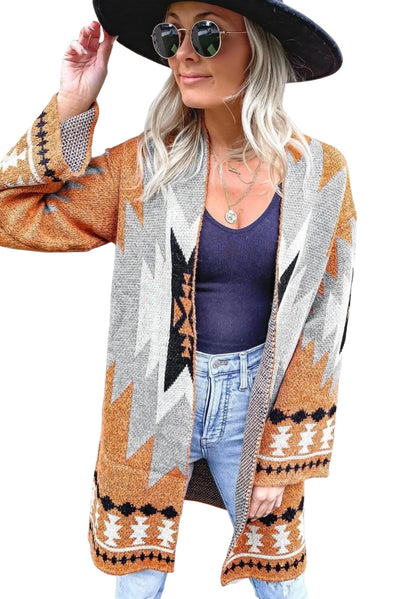 Gold Flame Aztec Graphic Open-Front Cardigan-Tops-MomFashion