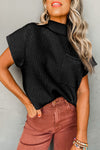 Black Patch Pocket Ribbed Knit Short Sleeve Sweater-Tops-MomFashion