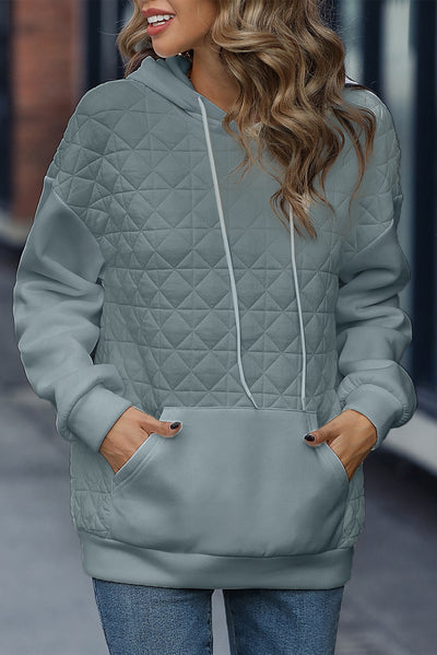 Light Grey Drop Shoulder Quilted Patchwork Kangaroo Pocket Hoodie-Tops-MomFashion