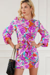 Purple Floral Keyhole Back Long Sleeve Belted Dress-Dresses-MomFashion