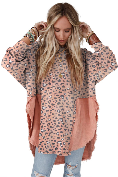 Pink Raw Edge Leopard Patchwork Oversized Blouse-Tops-MomFashion