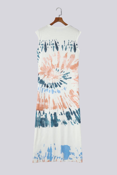 White Cap Sleeve Tie Dye Long Slit Dress-Dresses-MomFashion