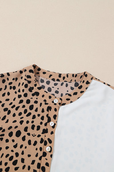 Khaki Leopard Contrast Half Button Casual Blouse-Tops-MomFashion